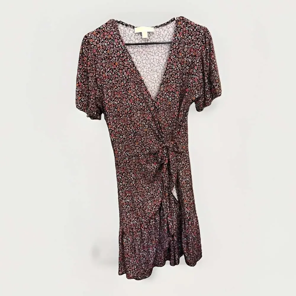 Michael Kors Floral Short-Sleeve V-Neck Faux Style Mini Dress L Pit2Pit32”/ 36”L